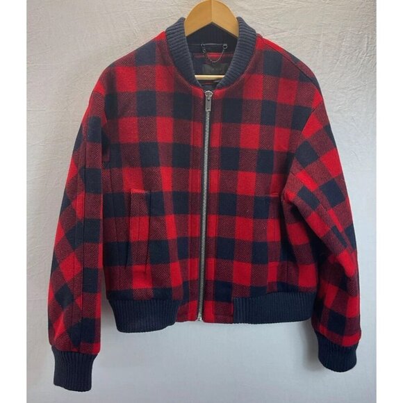 J Crew Womens Red/ Navy Buffalo Check‎ Plaid Bomber Jacket, Wool size 14 - Picture 2 of 12